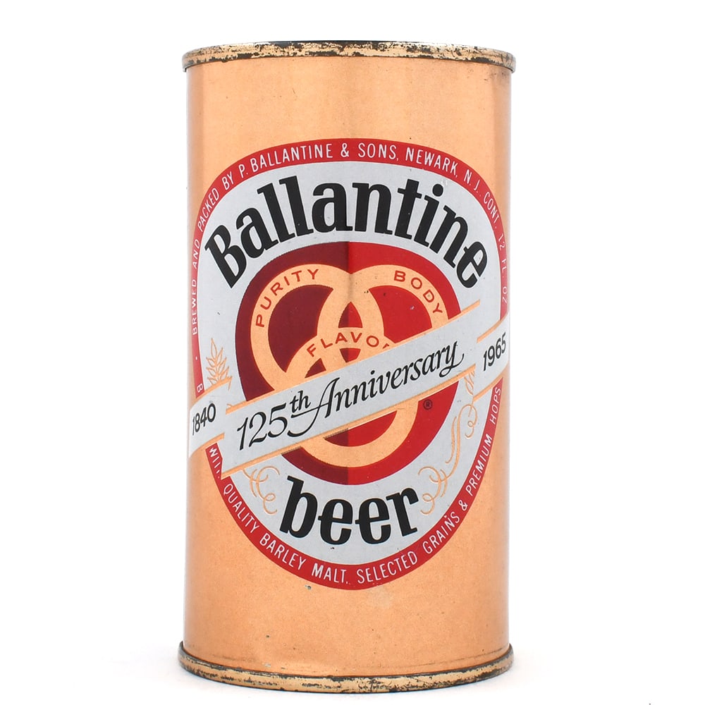Ballantine 125th Anniversary Beer Flat Top BALLY LID 34-9: Brewer/Business Name: P. Ballantine & Sons, Newark, New Jersey Manufacturer/Plant: National Can Co. Date of manufacture: circa 1960s Canning Code: n/a USBC reference: 34-9 USBCOI reference: 