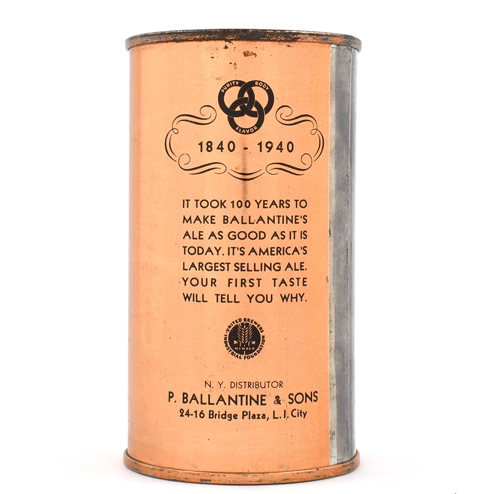 Ballantines Export Light Beer Flat Top 1840-1940 33-27: Brewer/Business Name: P. Ballantine & Sons, Newark, New Jersey Manufacturer/Plant: American Can Co. Date of manufacture: circa 1930s Canning Code: n/a USBC reference: 33-27 USBCOI reference: 