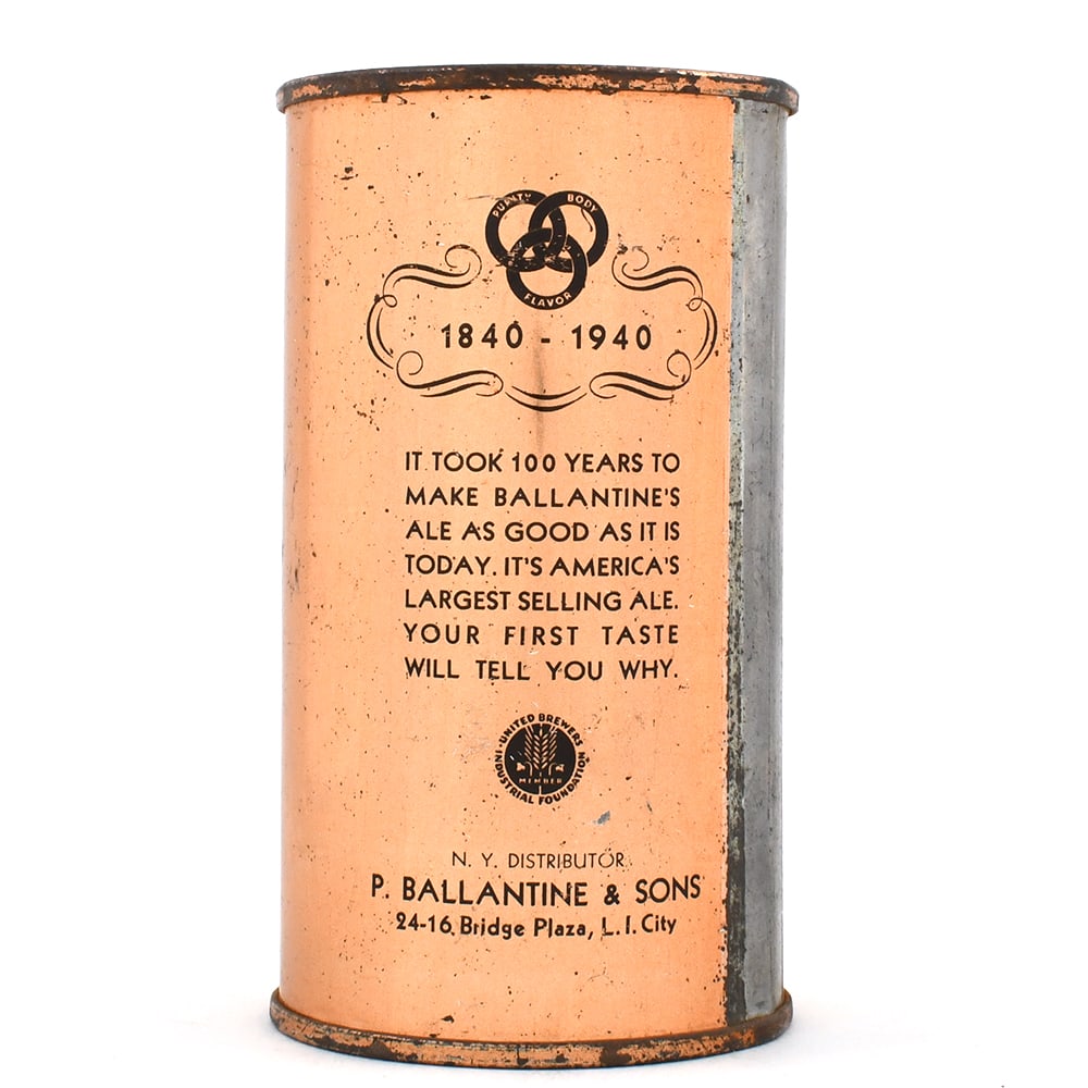 Ballantines XXX Ale Flat Top 1840-1940 33-8: Brewer/Business Name: P. Ballantine & Sons, Newark, New Jersey Manufacturer/Plant: American Can Co. Date of manufacture: circa 1930s Canning Code: n/a USBC reference: 33-8 USBCOI reference: 