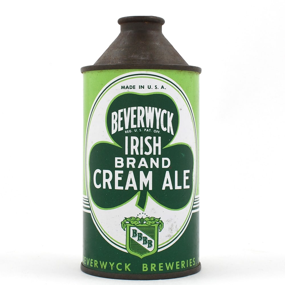 Beverwyck Irish Brand Cream Ale Cone Top MADE IN USA 152-8: Brewer/Business Name: Beverwyck Breweries Inc., Albany, New York Manufacturer/Plant: Continental Can Co. Date of manufacture: circa 1940s Canning Code: n/a USBC reference: 152-8 USBCOI reference: 