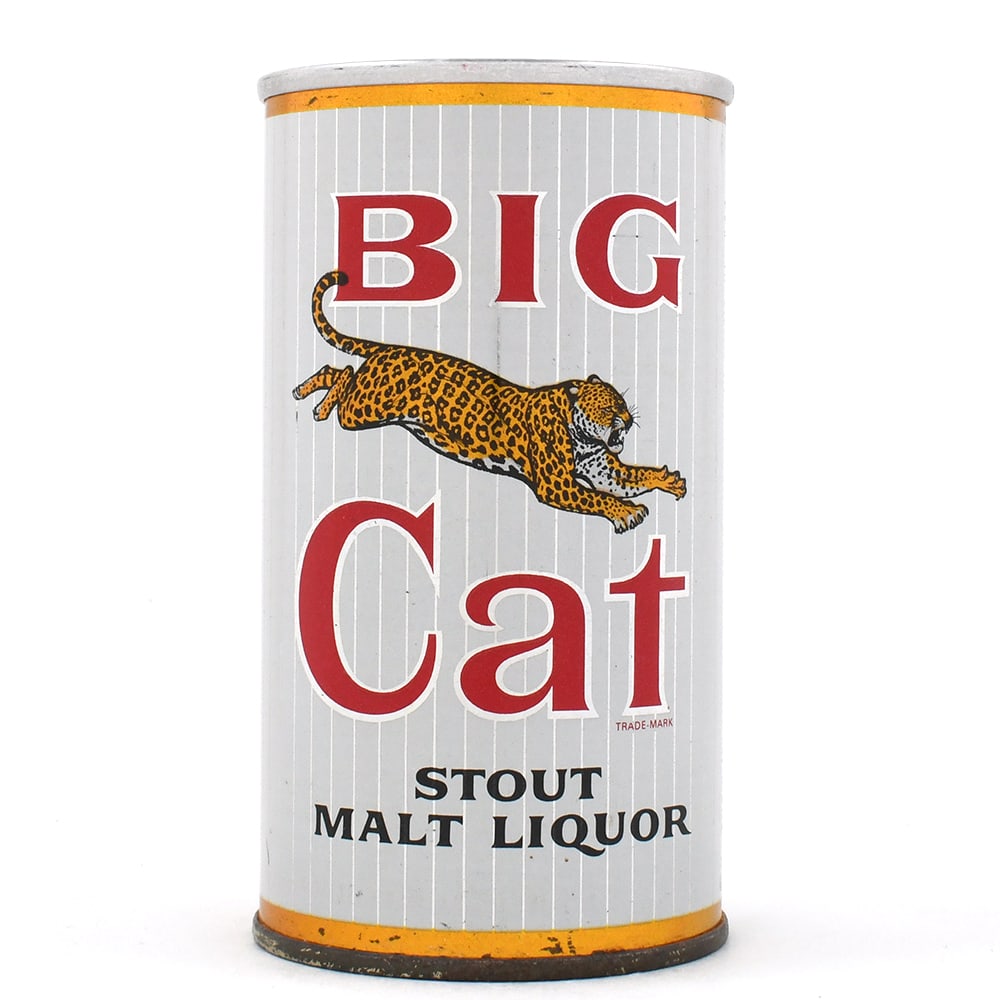 Big Cat STOUT Malt Liquor Zip Top PEORIA UNLISTED: Brewer/Business Name: Pabst Brewing Co., Peoria Heights, Illinois Manufacturer/Plant: Continental Can Co. Date of manufacture: circa 1960s Canning Code: n/a USBC reference: UNLISTED USBCOI