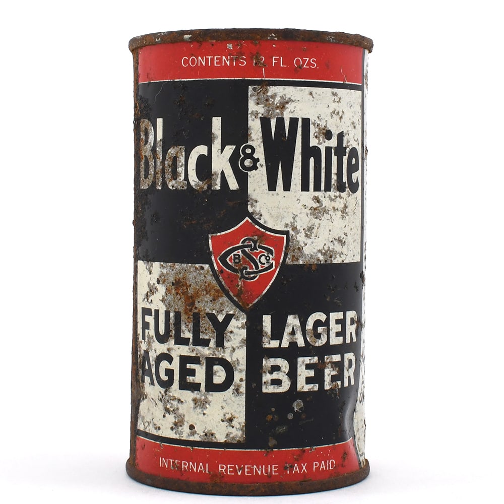 Black and White Fully Aged Lager Beer Flat Top 38-27: Brewer/Business Name: St. Claire Brewing Co., San Jose, California Manufacturer/Plant: Pacific Can Co. Date of manufacture: circa 1930s Canning Code: n/a USBC reference: 38-27 USBCOI reference: 