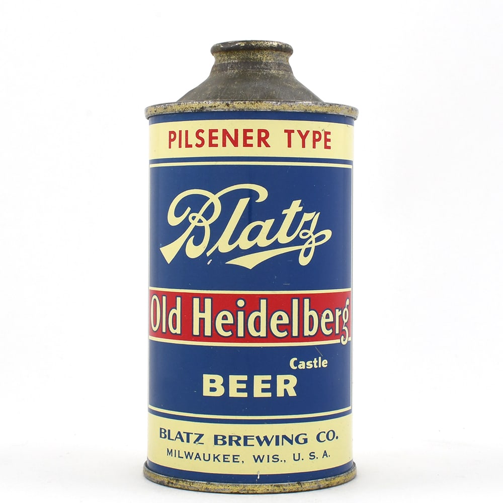 Blatz Old Heidelberg Castle Pilsener Beer Cone Top 153-18: Brewer/Business Name: Blatz Brewing Co., Milwaukee, Wisconsin Manufacturer/Plant: Continental Can Co. Date of manufacture: circa 1930s Canning Code: n/a USBC reference: 153-18 USBCOI reference: 