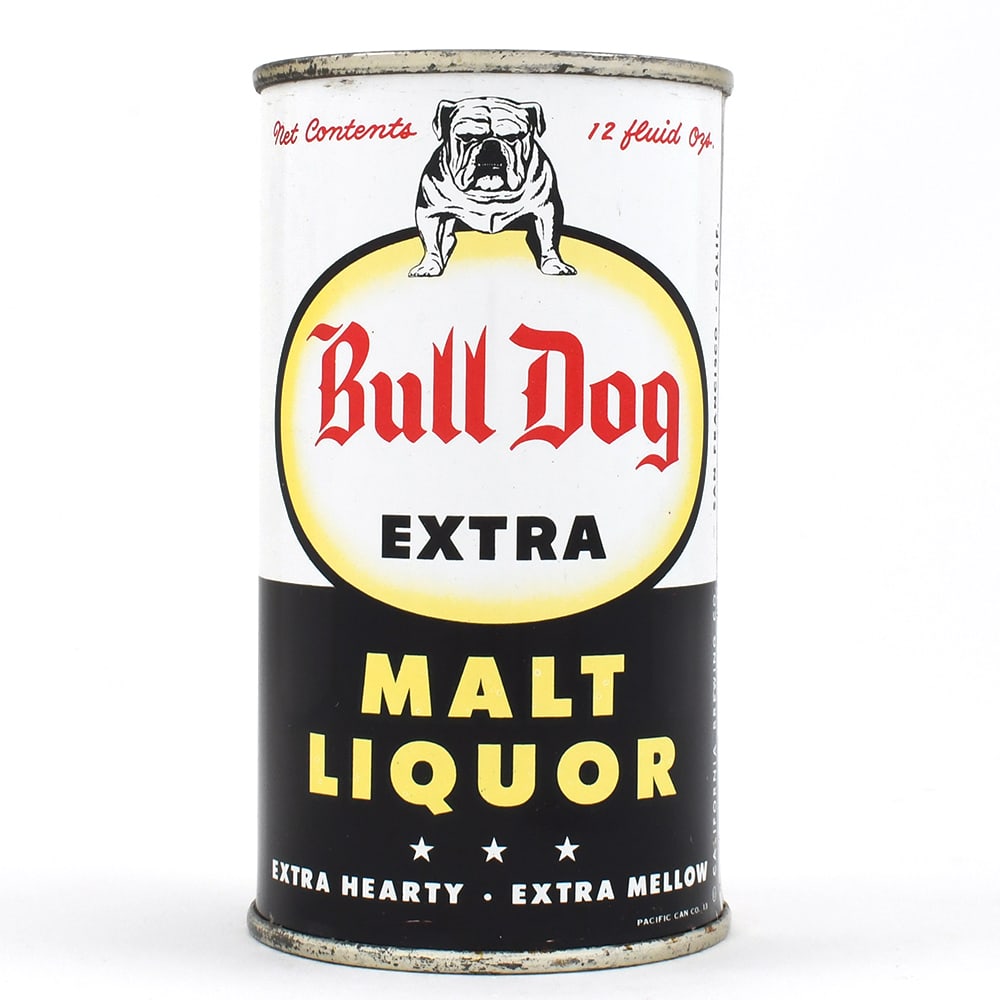 Bull Dog Extra Malt Liquor Flat Top CALIFORNIA ALC STATEMENT LID 45-25: Brewer/Business Name: California Brewing Co., San Francisco, California Manufacturer/Plant: Pacific Can Co.Date of manufacture: