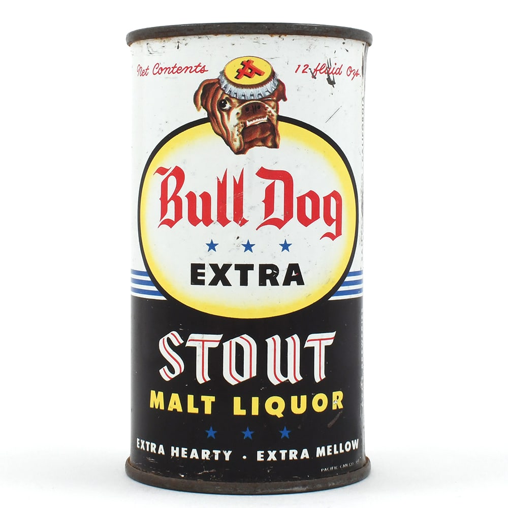 Bull Dog Extra Stout Malt Liquor Flat Top ACME SAN FRAN 45-23: Brewer/Business Name: Acme Breweries, San Francisco, California Manufacturer/Plant: Pacific Can Co.Date of manufacture: