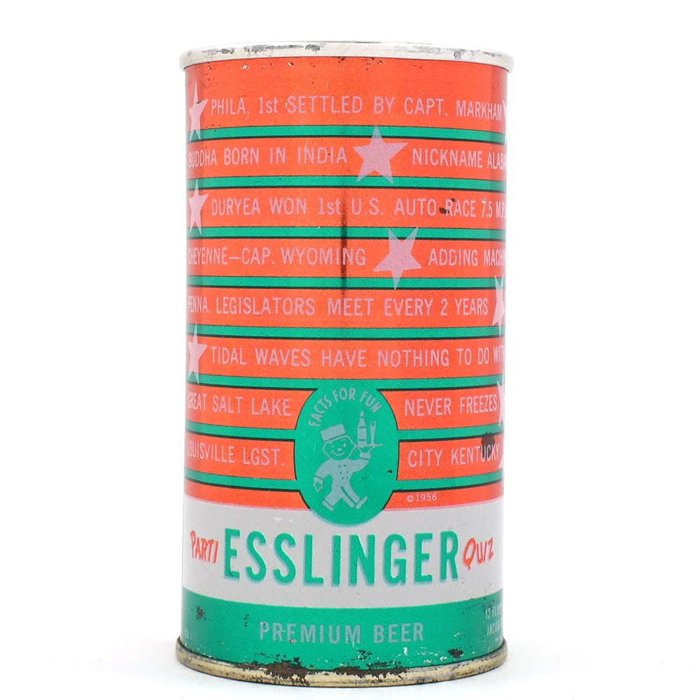 Esslinger Parti Quiz Zip Top PHILA 1ST SETTLED RUPPERT 183-604: Brewer/Business Name: Jacob Ruppert, New York, New York Manufacturer/Plant: Crown Date of manufacture: circa 1960s Canning Code: n/a USBC reference: 183-604 USBCOI reference: Contents/Type: 12 oz