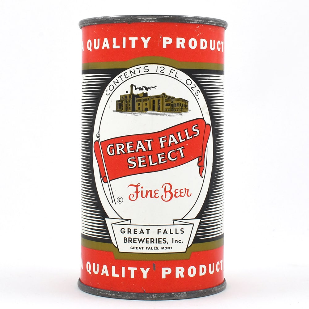 Great Falls Select Beer Flat Top NIEO 4 PERCENT 74-22: Brewer/Business Name: Great Falls Breweries Inc., Great Falls, Montana Manufacturer/Plant: Pacific Can Co.Date of manufacture: