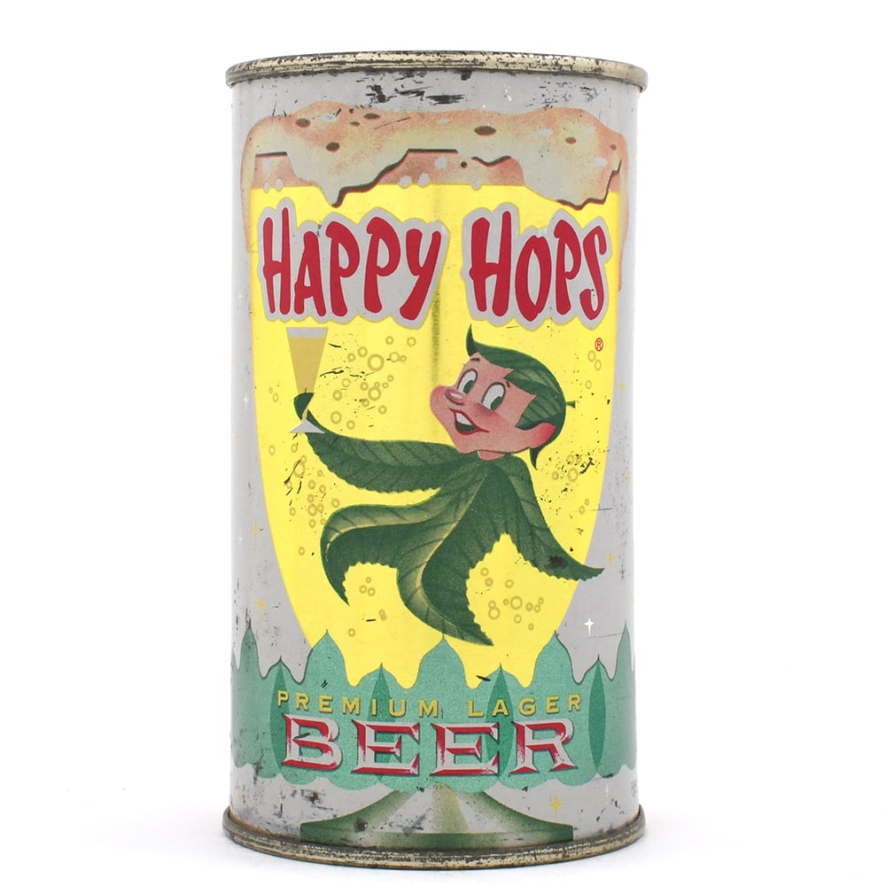 Happy Hops Premium Lager Beer Flat Top 80-15: Brewer/Business Name: Grace Bros. Brewing Co., Santa Rosa, California Manufacturer/Plant: National Can Co. Date of manufacture: circa 1950s Canning Code: n/a USBC reference: 80-15 USBCOI reference: 