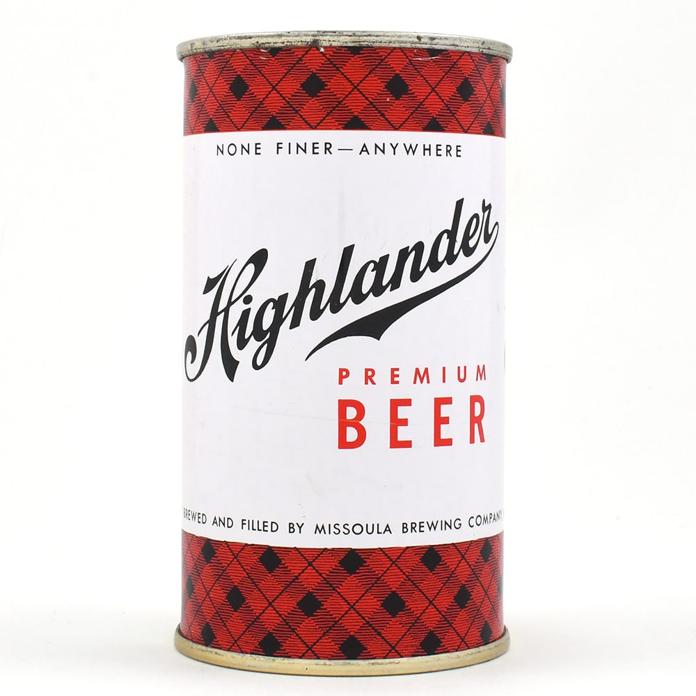 Highlander Premium Beer Flat Top ENAMEL HIGHLANDER LID 82-11: Brewer/Business Name: Missoula Brewing Co., Missoula, Montana Manufacturer/Plant: Continental Can Co. Date of manufacture: circa 1950s Canning Code: n/a USBC reference: 82-11 USBCOI reference: 