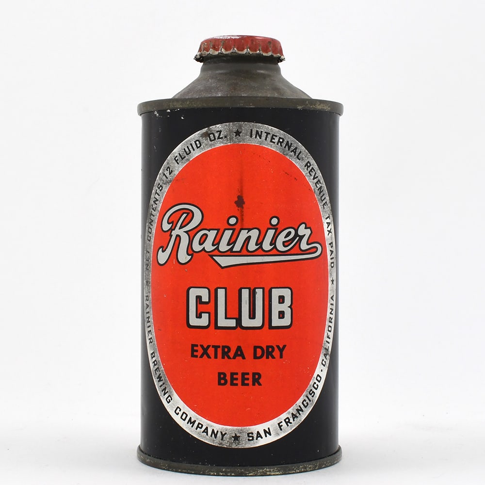 Rainier Club Extra Dry Beer Cone Top 180-19: Brewer/Business Name: Rainier Brewing Co., San Francisco, California Manufacturer/Plant: Continental Can Co.Date of manufacture: