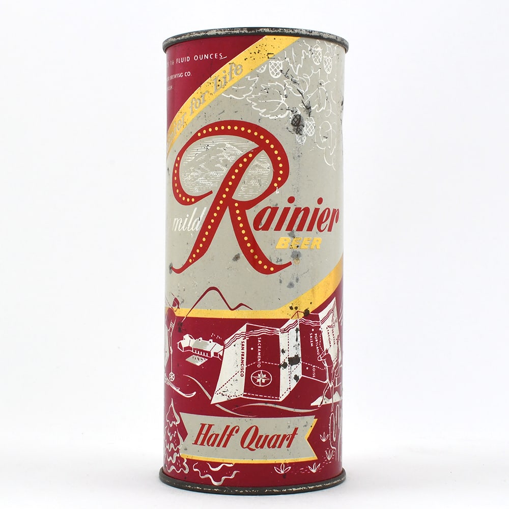 Rainier Jubilee 16 Ounce Bank Lid Flat Top NORTHWEST ATTRACTIONS Purple UNLISTED: Brewer/Business Name: Sicks Rainier Brewing Co., Seattle, Washington Manufacturer/Plant: American Can Co.Date of manufacture: