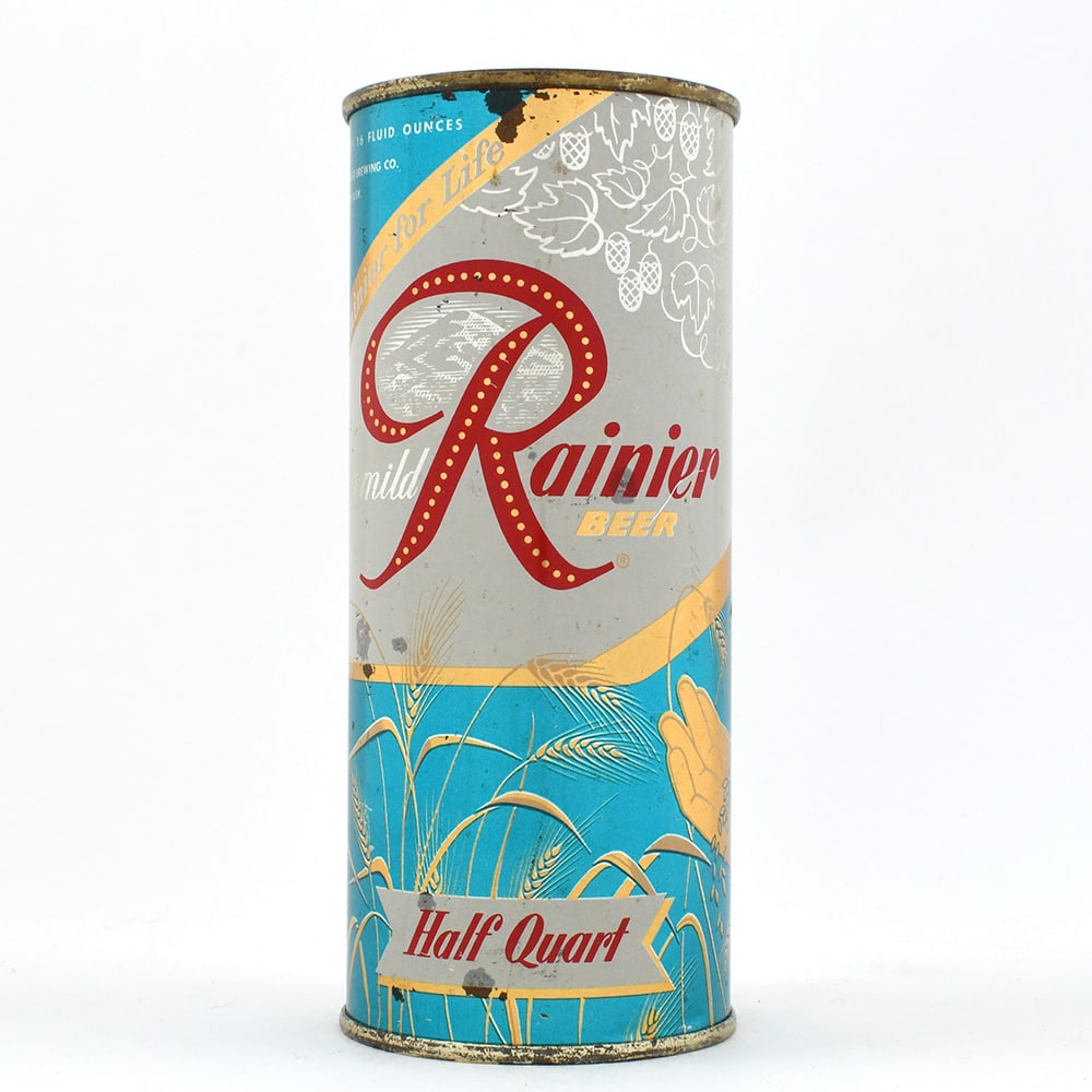 Rainier Jubilee 16 Ounce Flat Top CHOICEST INGREDIENTS Light Blue UNLISTED: Brewer/Business Name: Sicks Rainier Brewing Co., Seattle, Washington Manufacturer/Plant: American Can Co.Date of manufacture: