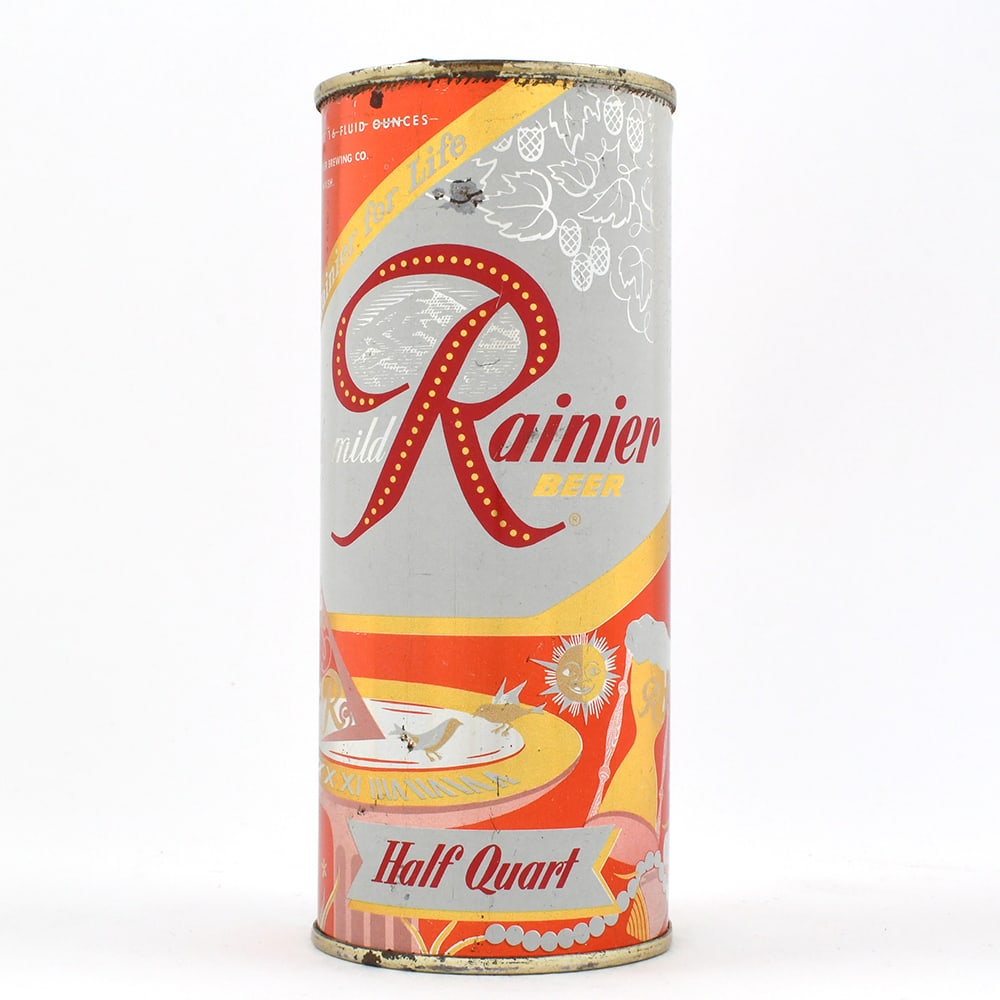 Rainier Jubilee 16 Ounce Flat Top NATURALLY AGED Orange UNLISTED: Brewer/Business Name: Sicks Rainier Brewing Co., Seattle, Washington Manufacturer/Plant: American Can Co.Date of manufacture:
