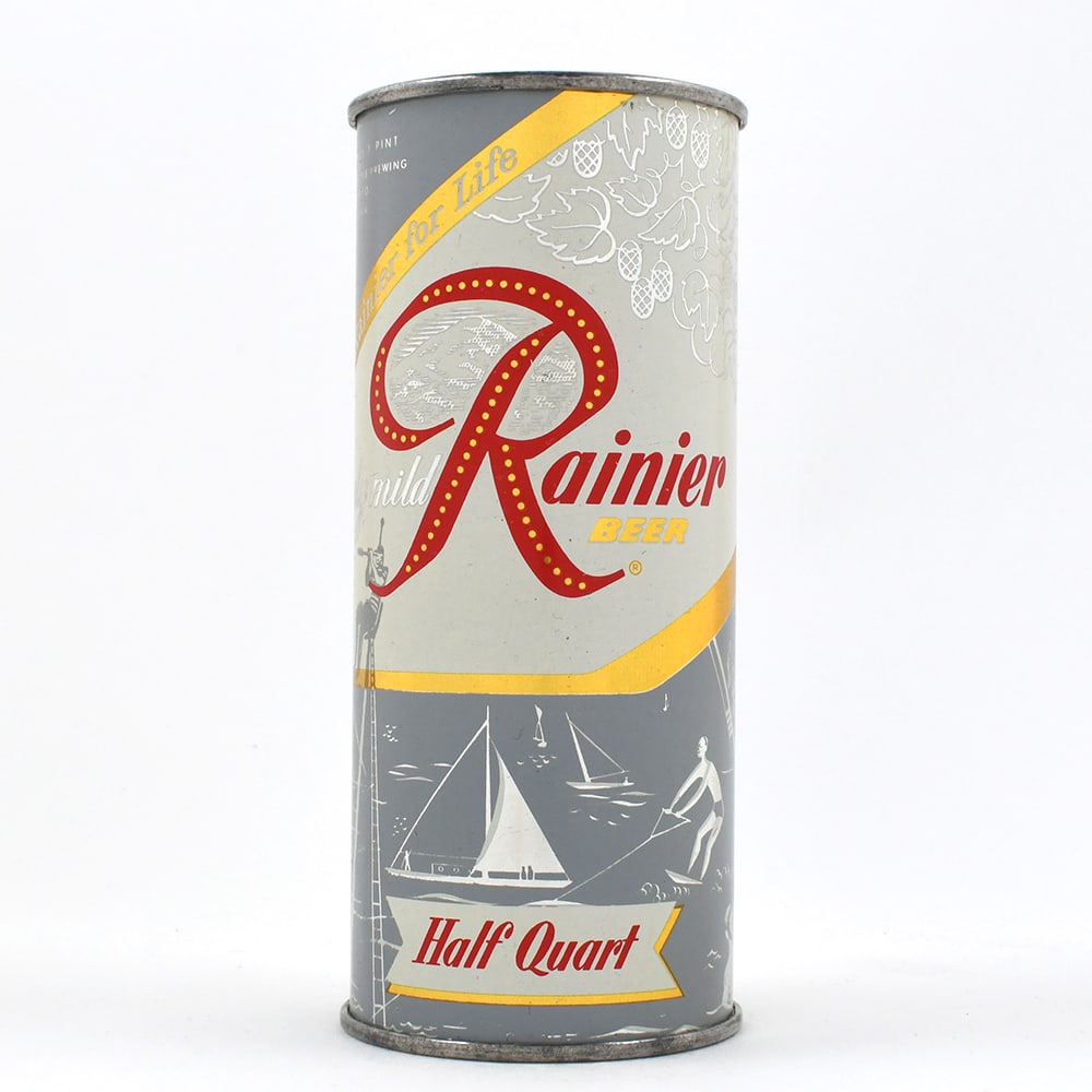 Rainier Jubilee 16 Ounce Flat Top OUTDOOR PURSUITS Gray UNLISTED: Brewer/Business Name: Sicks Seattle Brewing & Malting Co., Seattle, Washington Manufacturer/Plant: American Can Co.Date of manufacture: