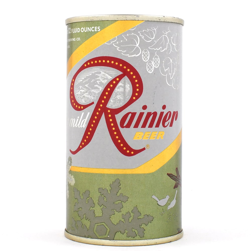 Rainier Jubilee Set Flat Top MORE LIFE - NATURALLY Olive Metallic UNLISTED: Brewer/Business Name: Sicks Rainier Brewing Co., Seattle, Washington Manufacturer/Plant: American Can Co.Date of manufacture: