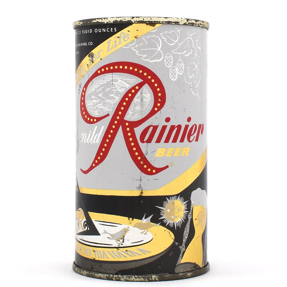 Rainier Jubilee Set Flat Top NATURALLY AGED Black UNLISTED: Brewer/Business Name: Sicks Rainier Brewing Co., Spokane, Washington Manufacturer/Plant: American Can Co.Date of manufacture:
