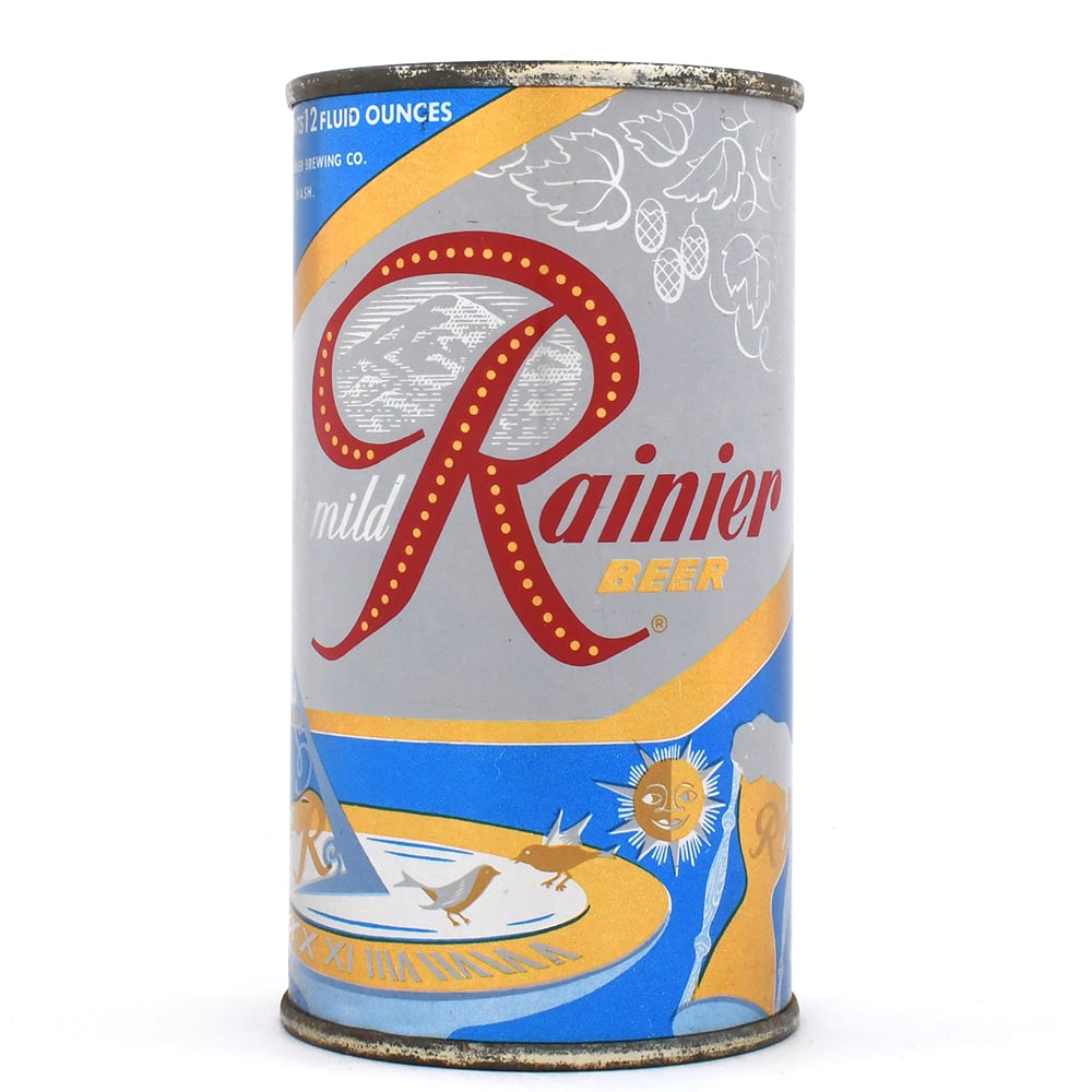 Rainier Jubilee Set Flat Top NATURALLY AGED Blue Semi-Metallic UNLISTED: Brewer/Business Name: Sicks Rainier Brewing Co., Seattle, Washington Manufacturer/Plant: American Can Co.Date of manufacture: