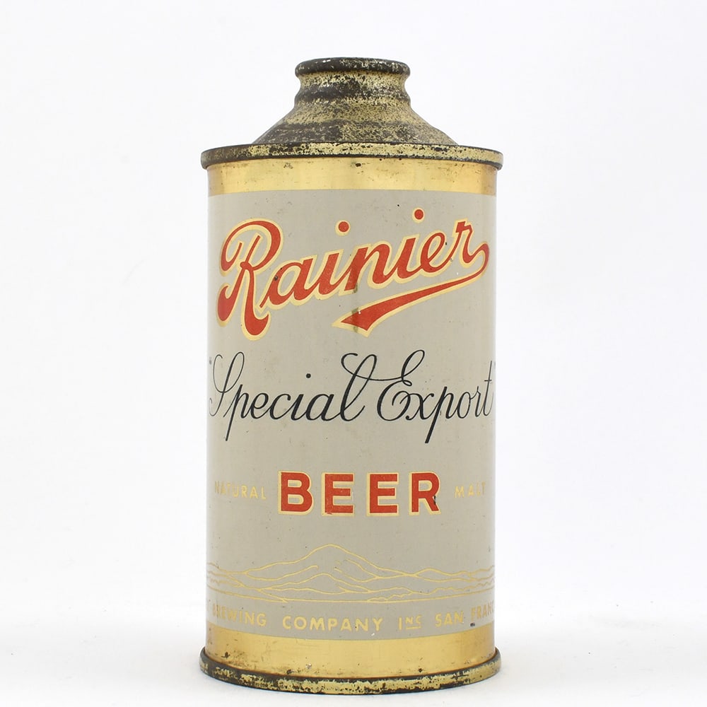 Rainier Special Export Beer Cone Top NATURAL MALT NOT OVER 4 PERCENT 180-9: Brewer/Business Name: Rainier Brewing Co., San Francisco, California Manufacturer/Plant: Continental Can Co.Date of manufacture: