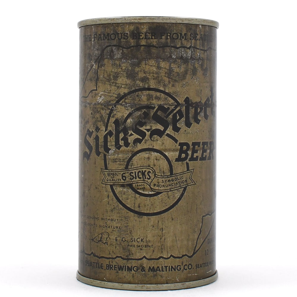 Sicks Select Beer Olive Drab Flat Top IRTP 133-17 OI 753: Brewer/Business Name: Seattle Brewing & Malting Co., Seattle, Washington Manufacturer/Plant: Continental Can Co.Date of manufacture: