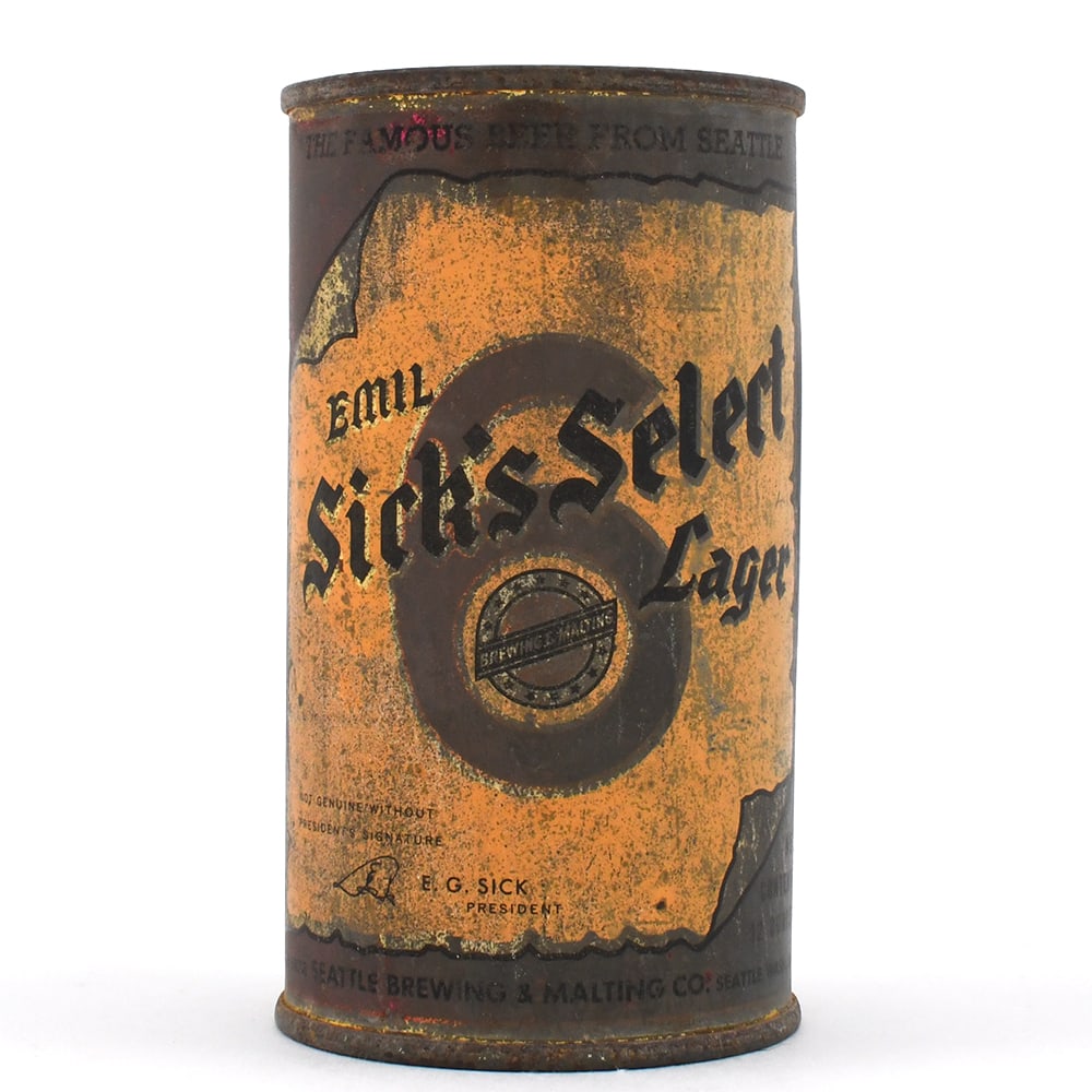 Sicks Select Lager Instructional Flat Top EMIL SICKS WITHDRAWN FREE 133-15 OI 749: Brewer/Business Name: Seattle Brewing & Malting Co., Seattle, Washington Manufacturer/Plant: American Can Co.Date of manufacture: