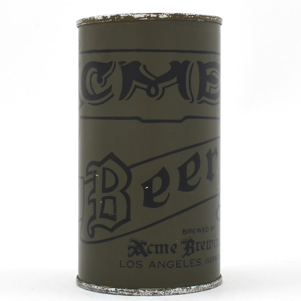 Acme Beer Olive Drab Flat Top WITHDRAWN FREE UNLISTED: Brewer/Business Name: Acme Brewing Co., Los Angeles (Vernon), California Manufacturer/Plant: Unknown Date of manufacture: