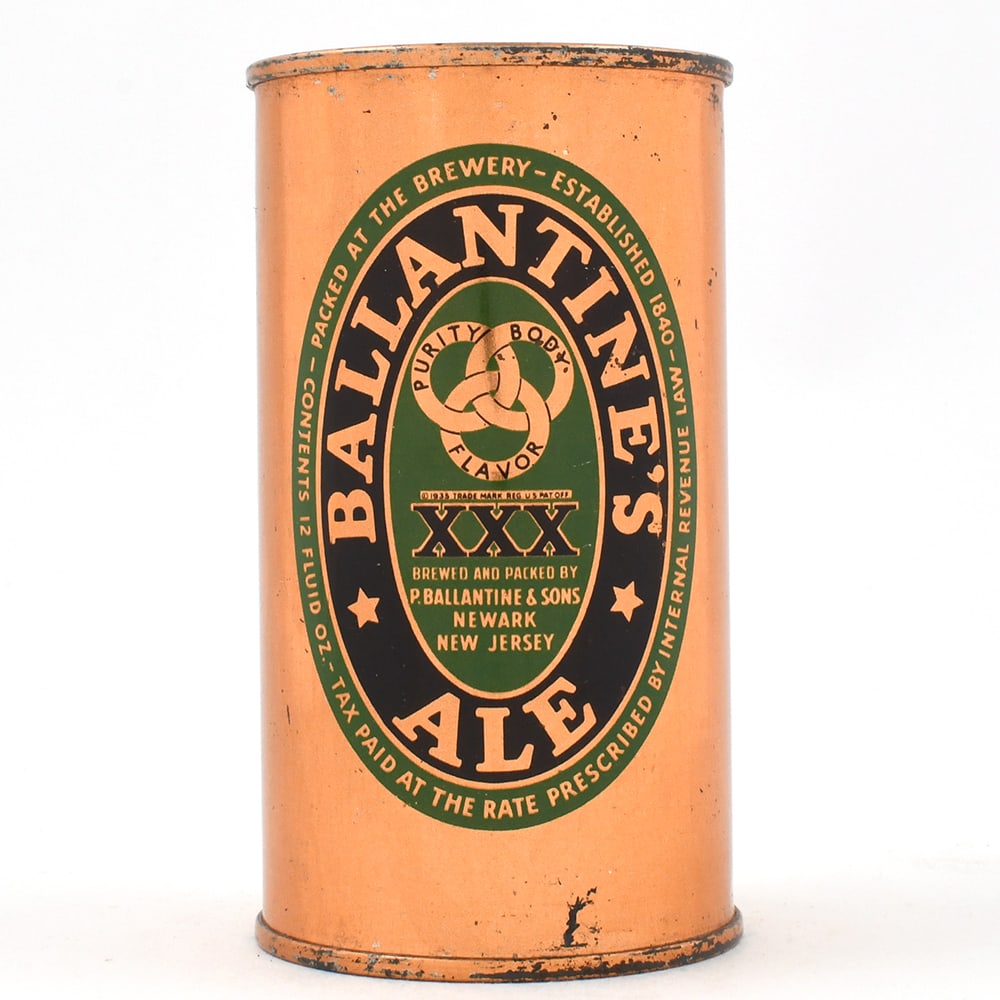 Ballantines XXX Ale Flat Top 1840-1940 33-8: Brewer/Business Name: P. Ballantine & Sons, Newark, New Jersey Manufacturer/Plant: American Can Co. Date of manufacture: