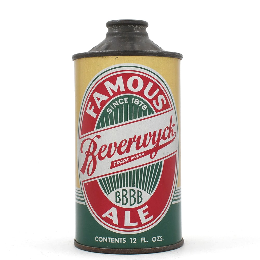 Beverwyck Famous Ale Cone Top 151-31 OUTSTANDING: Brewer/Business Name: Beverwyck Breweries Inc., Albany, New York Manufacturer/Plant: Continental Can Co. Date of manufacture: circa 1930s Canning Code: n/a USBC reference: 151-31 USBCOI reference: