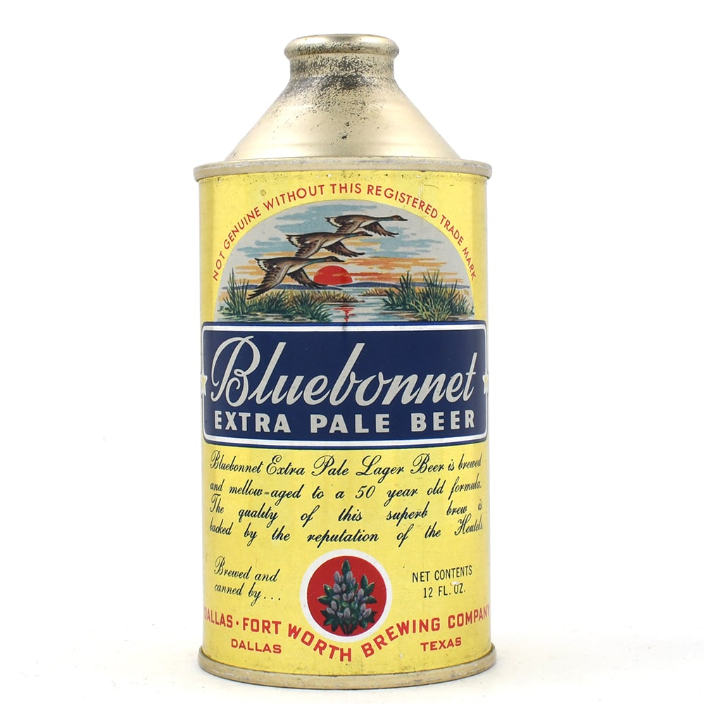Bluebonnet Extra Pale Beer Cone Top NEAR MINT 153-32: Brewer/Business Name: Dallas-Fort Worth Brewing Co., Dallas, Texas Manufacturer/Plant: Continental Can Co. Date of manufacture: circa 1950s Canning Code: n/a USBC reference: 153-32 USBCOI reference: