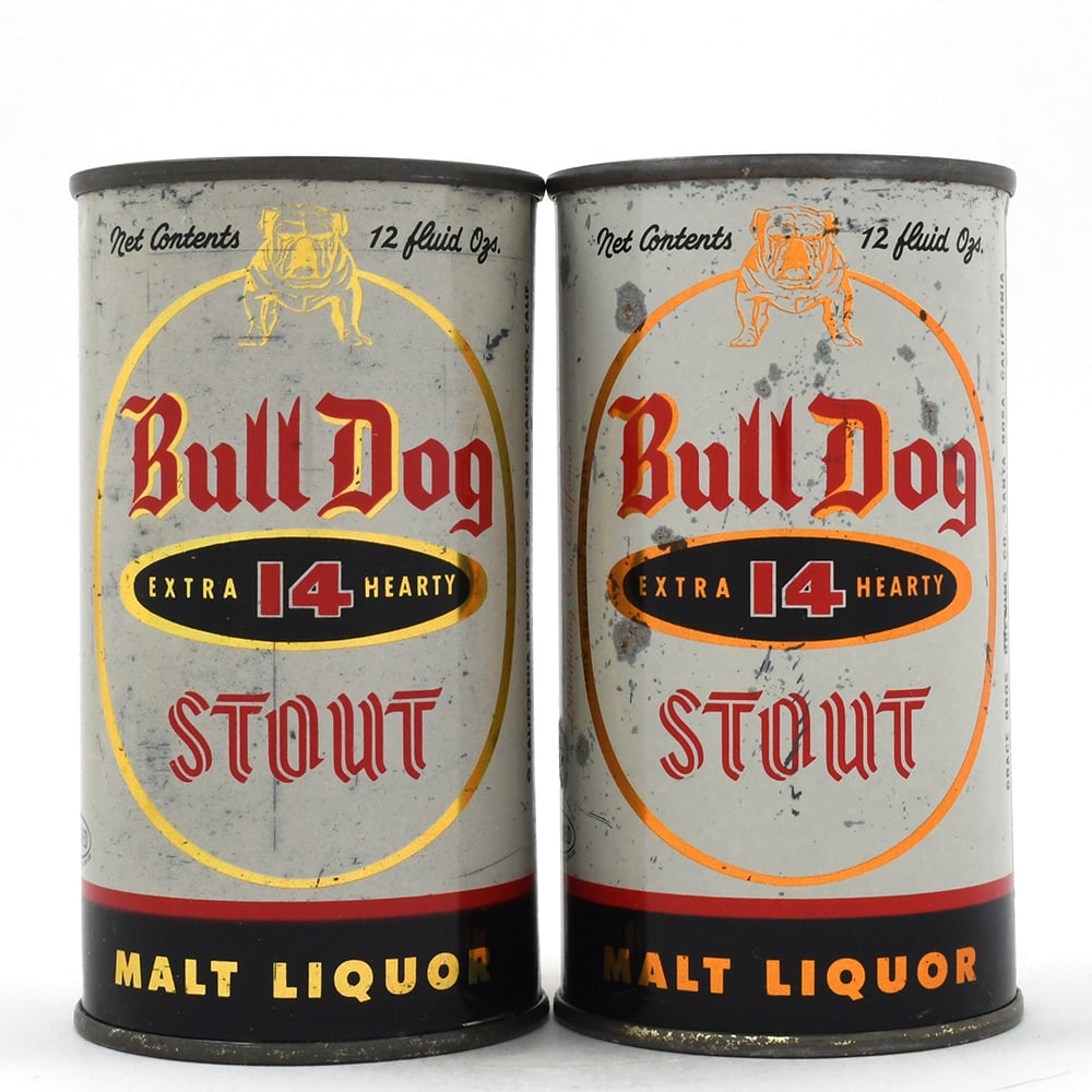 Bull Dog 14 Stout Malt Liquor Flat Tops Lot of 2 GOLD COPPER: Brewer/Business Name: Multiple breweries and locations, California Manufacturer/Plant: American Can Co. Date of manufacture:
