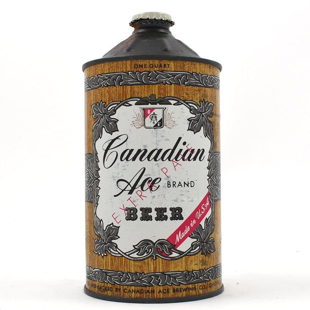 Canadian Ace Beer Quart Cone Top 205-5: Brewer/Business Name: Canadian Ace Brewing Co., Chicago, Illinois Manufacturer/Plant: Continental Can Co. Date of manufacture: