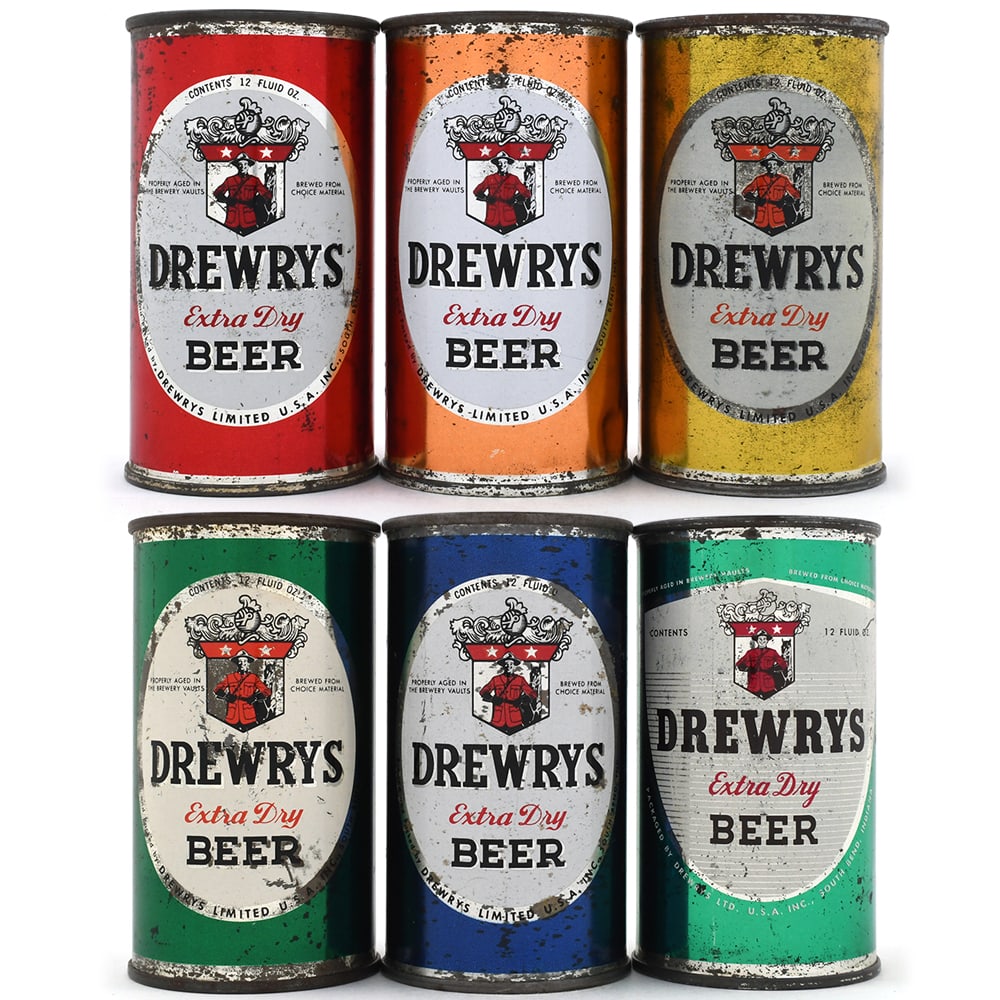 Drewrys Beer Sports Set Flat Tops Lot of 6 Different SOUTH BEND: Brewer/Business Name: Drewrys Ltd. USA, South Bend, Indiana Manufacturer/Plant: American Can Co. Date of manufacture: