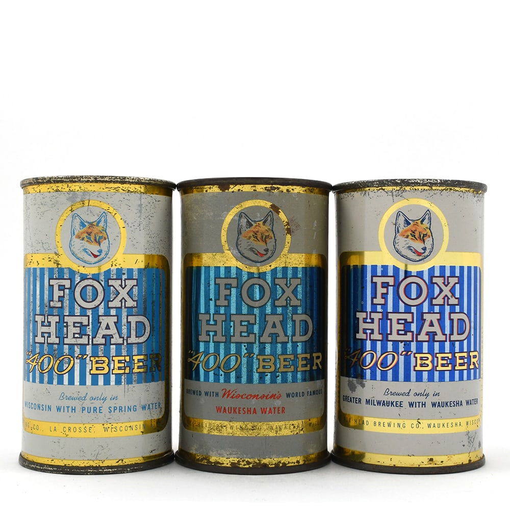 Fox Head 400 Beer Flat Tops Lot of 3 Different: Brewer/Business Name: Fox Head Brewing Co., Multiple Cities, Wisconsin Manufacturer/Plant: Continental Can Co. Date of manufacture: