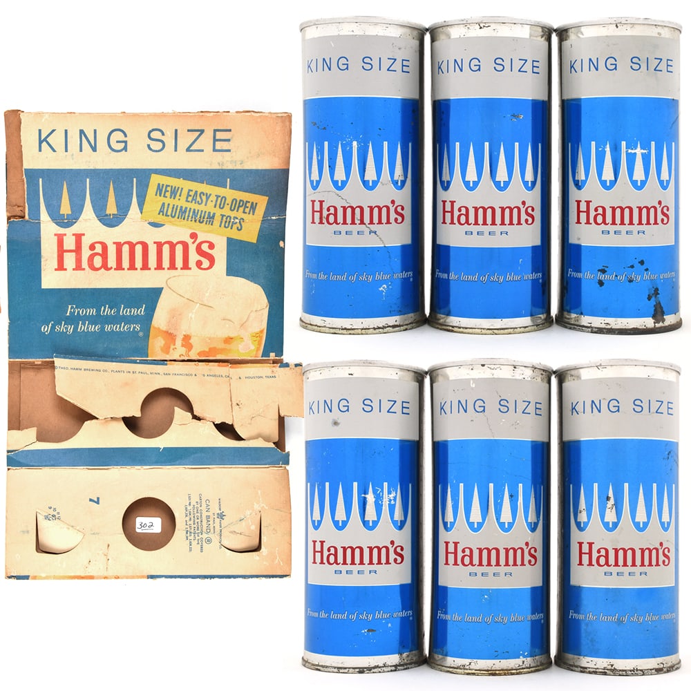 Hamms Beer 6 16-ounce E-Z OPEN Flat Tops Plus Carton BLANK LIDS SILVER TRIM 230-22: Brewer/Business Name: Theo. Hamm Brewing Co., St. Paul, Minnesota Manufacturer/Plant: American Can Co. Date of manufacture: