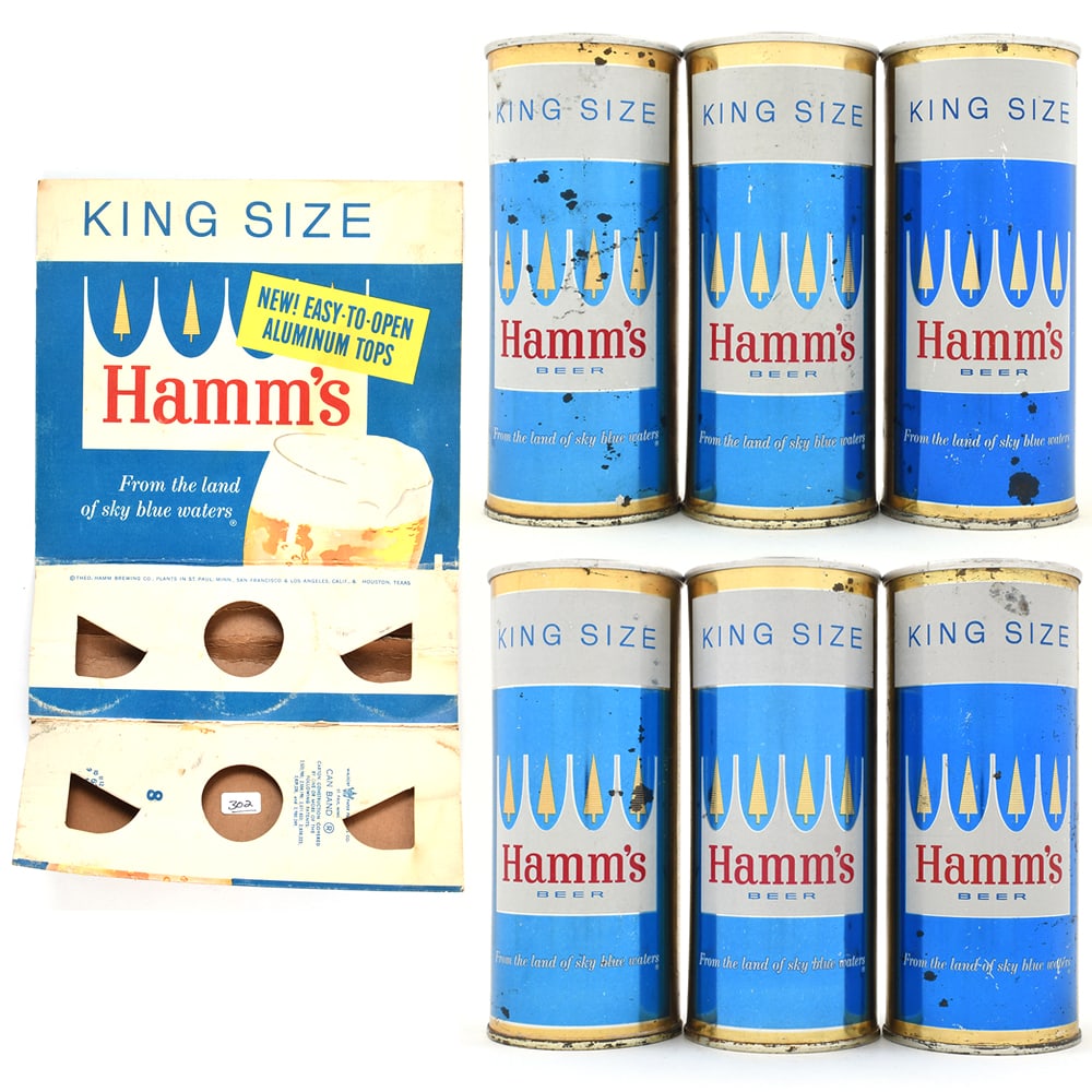 Hamms Beer 6 16-ounce E-Z OPEN Flat Tops Plus Carton VANITY LIDS GOLD TRIM 230-21: Brewer/Business Name: Theo. Hamm Brewing Co., St. Paul, Minnesota Manufacturer/Plant: See comments/description Date of manufacture:
