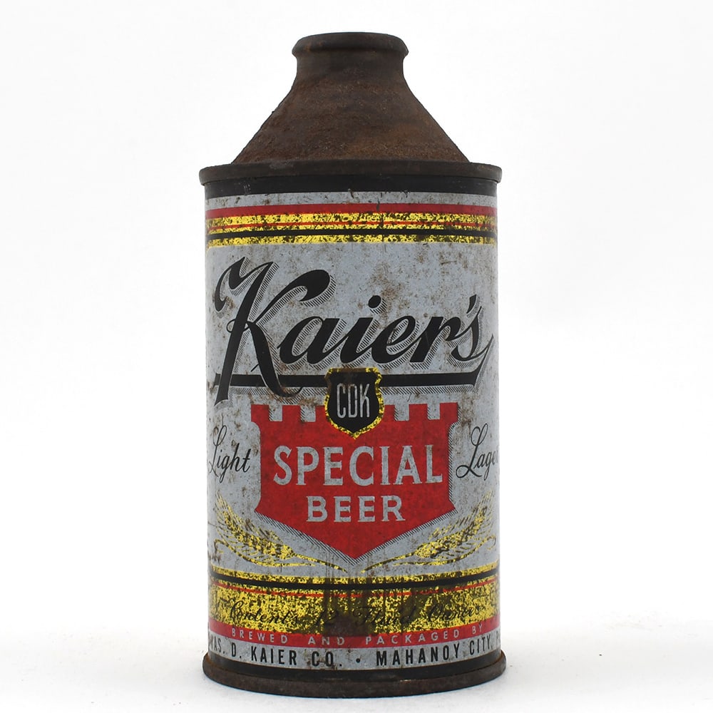 Kaiers Special Light Lager Beer Cone Top 170-20: Brewer/Business Name: Chas. D. Kaier Brewing Co., Mahanoy City, Pennsylvania Manufacturer/Plant: Crown Date of manufacture: