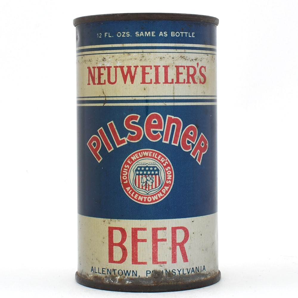 Neuweilers Pilsener Beer Flat Top NON-OI SCARCE 102-39: Brewer/Business Name: Louis F. Neuweilers Sons, Allentown, Pennsylvania Manufacturer/Plant: Crown Date of manufacture: