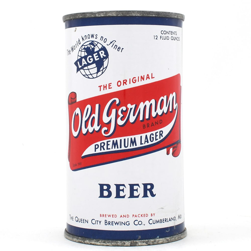 Old German Premium Lager Beer Flat Top 106-30 EXCELLENT: Brewer/Business Name: Queen City Brewing Co., Cumberland, Maryland Manufacturer/Plant: Continental Can Co. Date of manufacture: