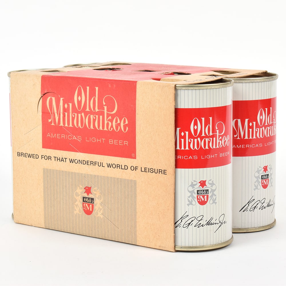 Old Milwaukee Beer Flat Top 6-Pack Cardboard Carton With 6 Cans MILWAUKEE 1962 107-30: Brewer/Business Name: Jos. Schlitz Brewing Co., Milwaukee, Wisconsin Manufacturer/Plant: Continental Can Co. Date of manufacture: