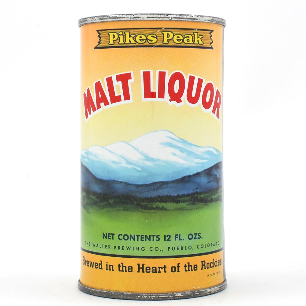 Pikes Peak Malt Liquor Flat Top COLORADO GRAIL 115-32 OUTSTANDING: Brewer/Business Name: Walter Brewing Co., Pueblo, Colorado Manufacturer/Plant: Pacific Can Co. Date of manufacture: