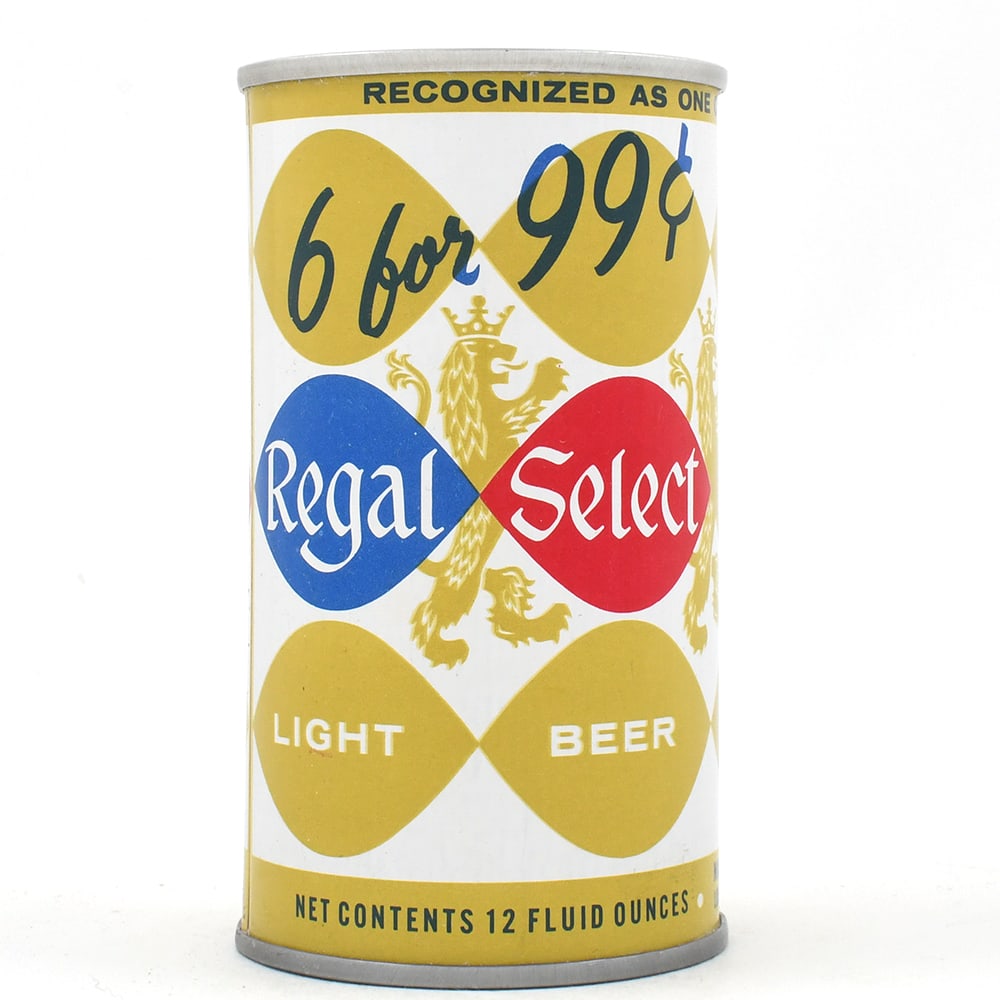 Regal Select Light Beer Pull Tab 6 FOR 99 PROMO 113-37: Brewer/Business Name: Maier Brewing Co., Los Angeles, California Manufacturer/Plant: National Can Co. Date of manufacture: