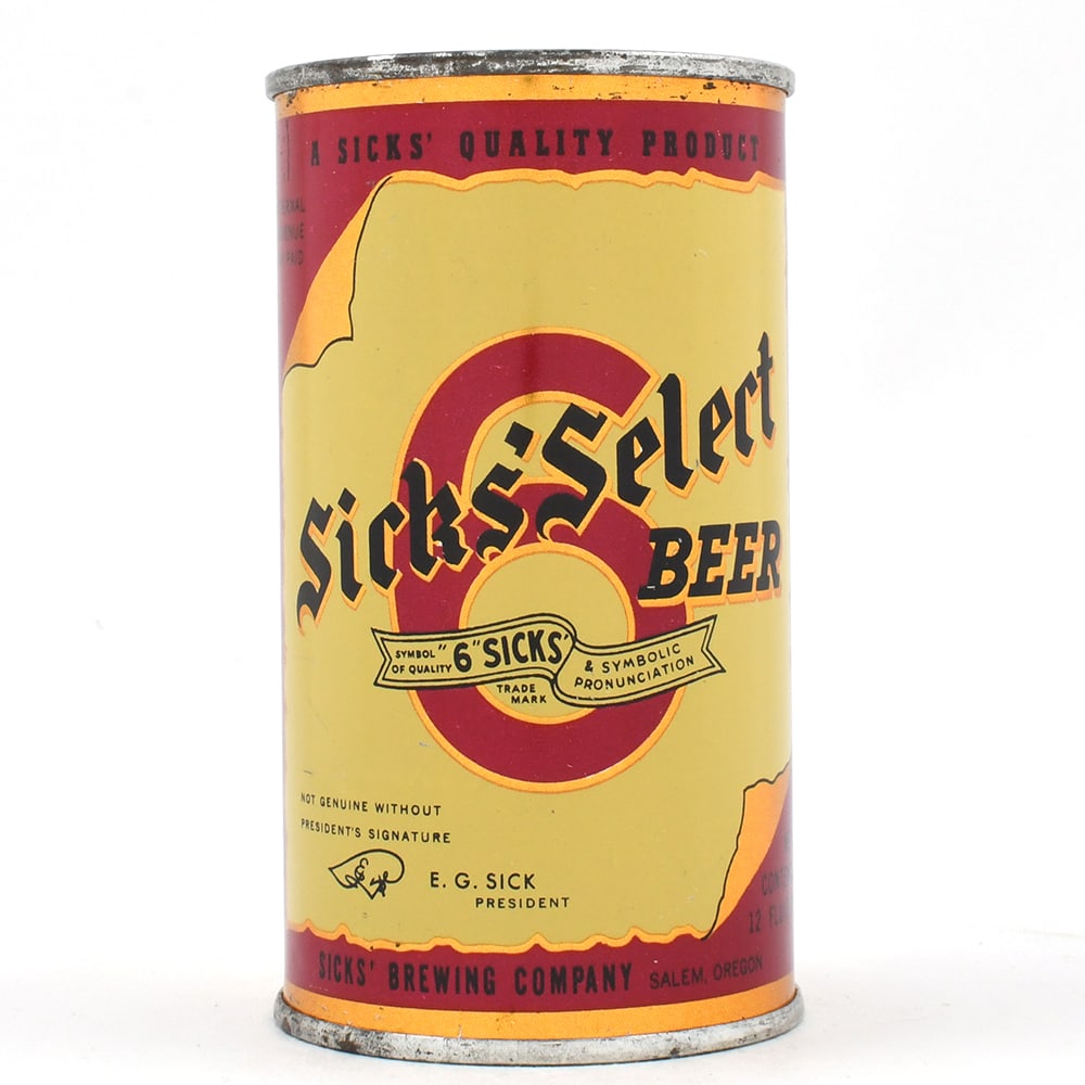 Sicks Select Beer Instructional Flat Top MORE THAN 4 PERCENT LID 133-9 OI 756 EXCELLENT: Brewer/Business Name: Sicks Brewing Co., Salem, Oregon Manufacturer/Plant: American Can Co. Date of manufacture: