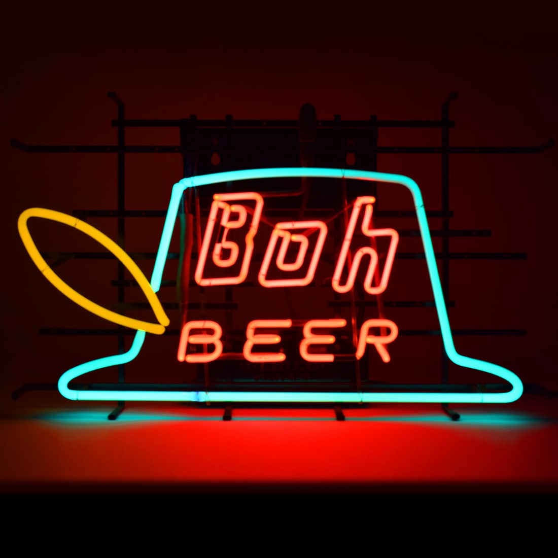 Boh Beer Neon Sign Enterprise Brewing Fall River MA -RARE-: This rare neon is in the shape of the trademark Boh hat. Three beautiful colors: blue, pink and yellow. Has had some repairs. About 29 x 16 x 6.5 inches.