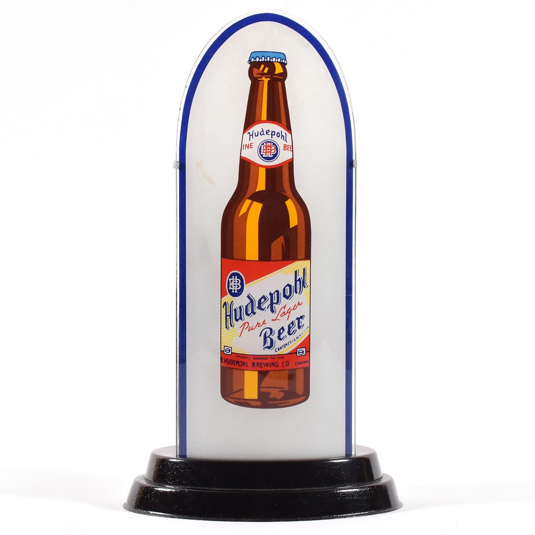 Hudepohl Pure Lager Beer Illuminated Cathedral Bullet Sign -SCARCE-: One of the tougher cathedral lamps to find! A vintage lighted advertising cathedral or bullet style sign for Hudepohl Pure Lager Beer. The sign features a prominent illustration of a bottle of this br