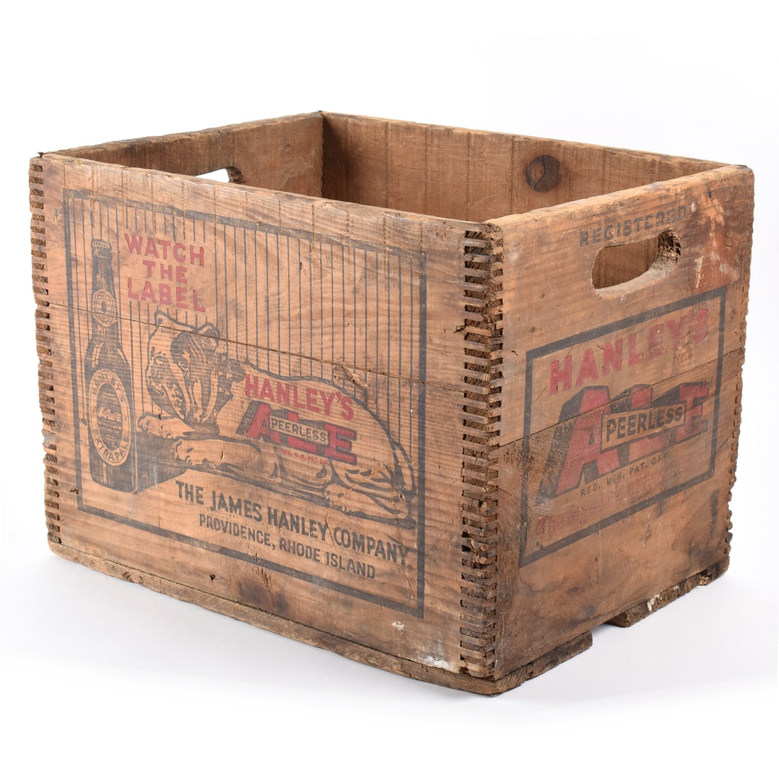 Hanleys Peerless Ale 1930-40s Wood Bottle Crate BULLDOG: Brewer/Business Name: James Hanley Brewing Co., Providence, Rhode Island Manufacturer/Plant: Unknown Date of manufacture: circa 1930s Contents/Type: n/a Dimensions: 17 w x 12 h x 12-1/2 d.