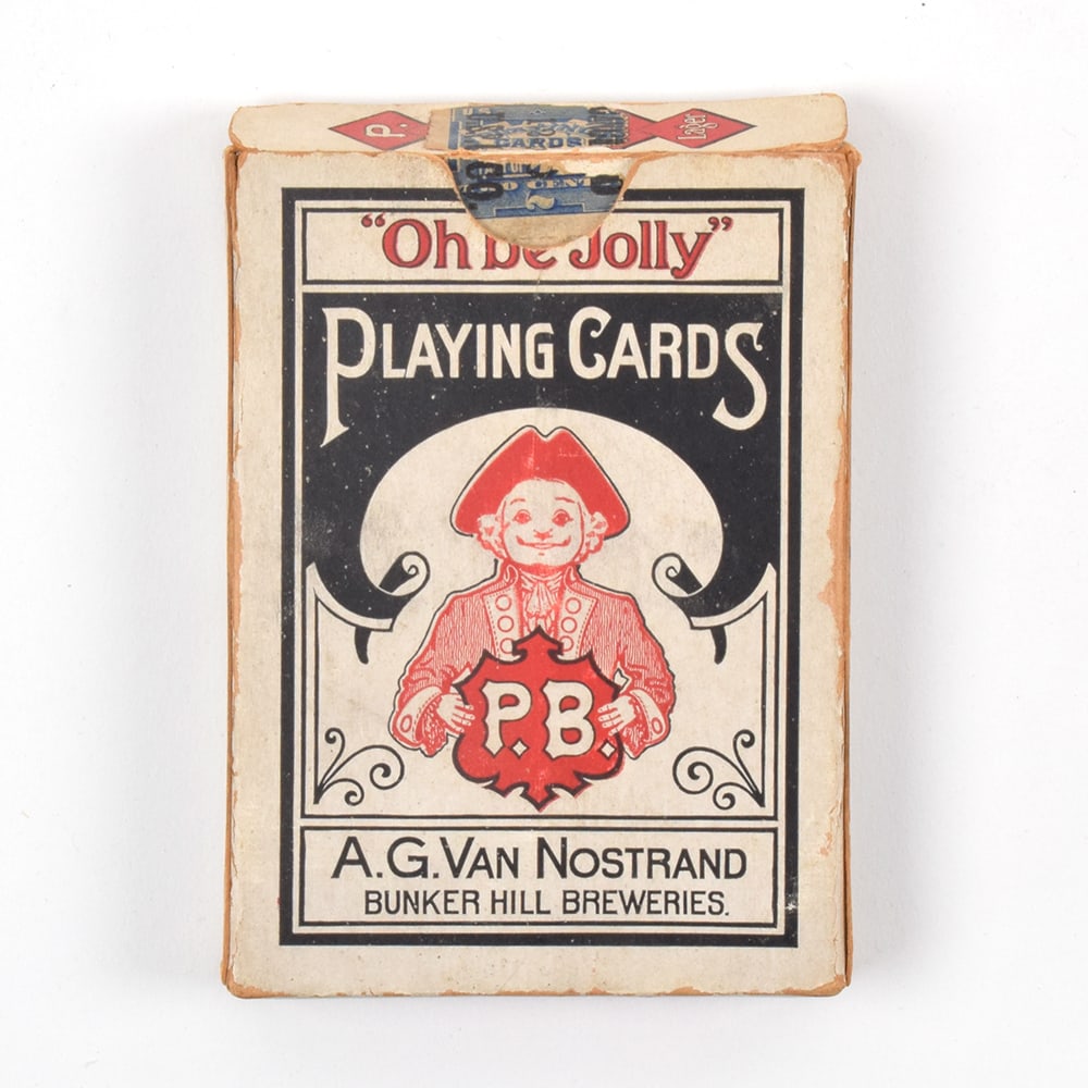 Van Nostrand PB Ale-Porter-Lager Pre-Prohibition Playing Card Deck BUNKER HILL OH BE JOLLY RARE: Brewer/Business Name: A. G. Van Nostrand Bunker Hill Breweries, Boston, Massachusetts Manufacturer/Plant: Unknown Date of manufacture: Pre-Prohibition Contents/Type: n/a Dimensions: 3 w x 4 h x 1 d.