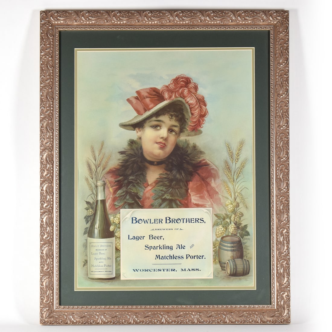 Bowler Brothers Lager Beer Sparkling Ale Matchless Porter Advertising Litho -RARE-: A pre-Prohibition advertising chromolithograph for Bowler Brothers of Worcester, Massachusetts. It features a woman in a feathered hat and fur stole. The print advertises Lager Beer,