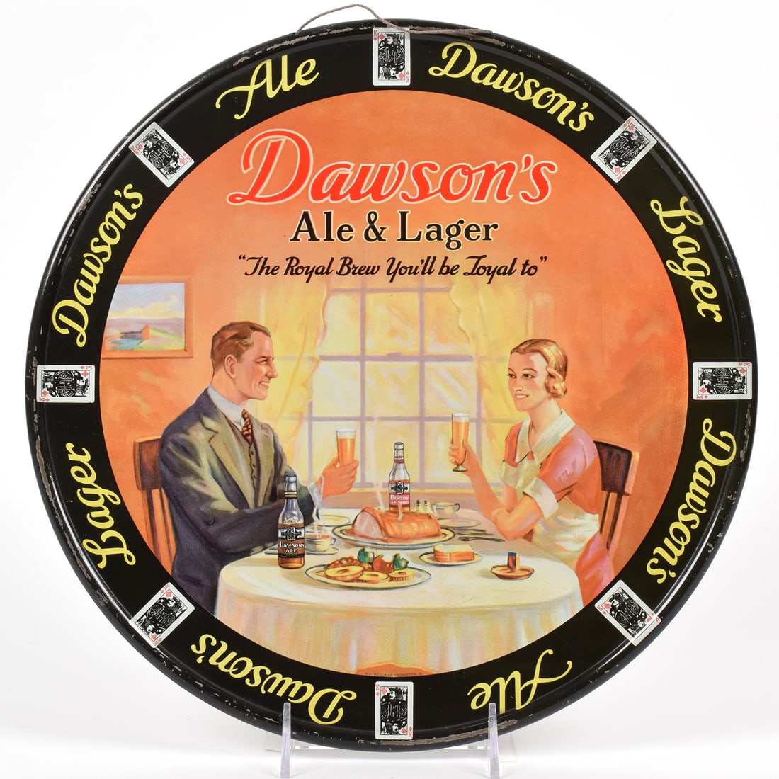 Dawsons Ale Lager Playing Card Table Scene Tin Sign RARE OUTSTANDING: Brewer/Business Name: Dawsons Brewery Inc., New Bedford, Massachusetts Manufacturer/Plant: See comments/description Date of manufacture: