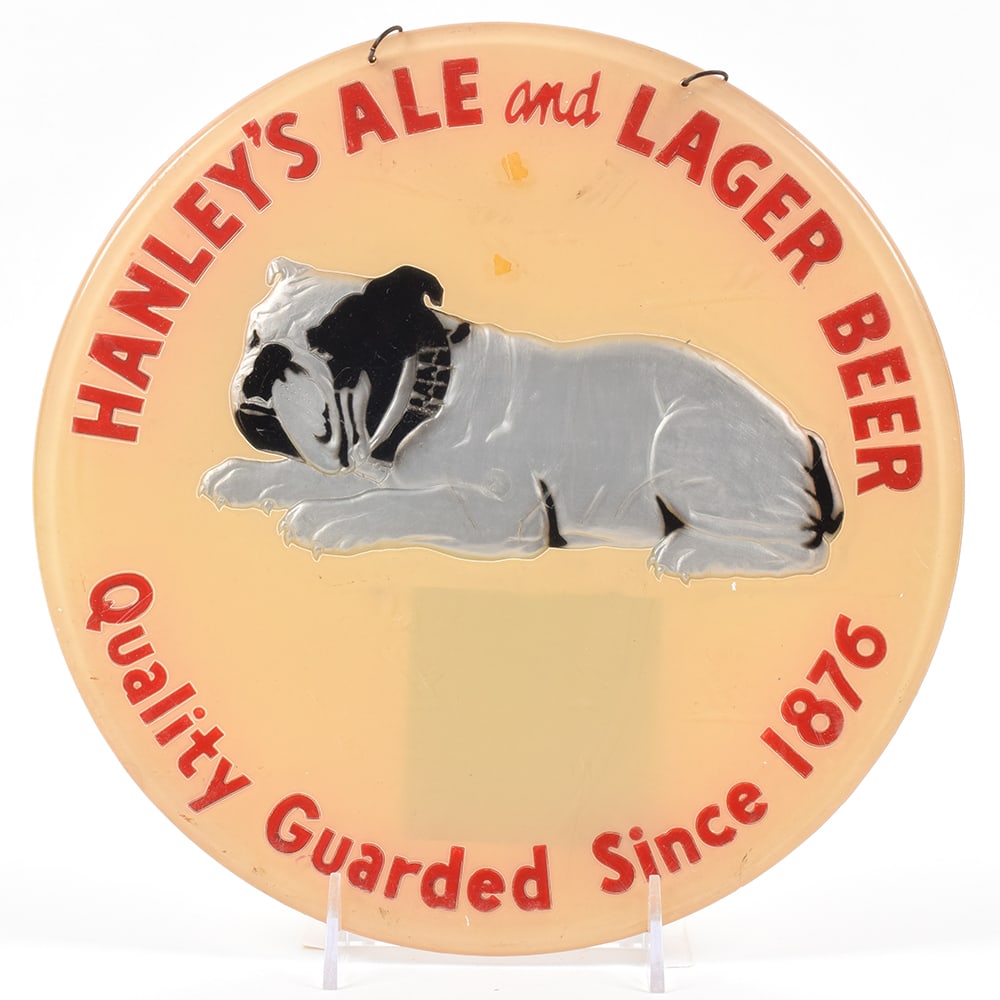 Hanleys Ale and Lager Beer 1940s Reverse-Painted Plastic Sign BULLDOG (1 of 2)