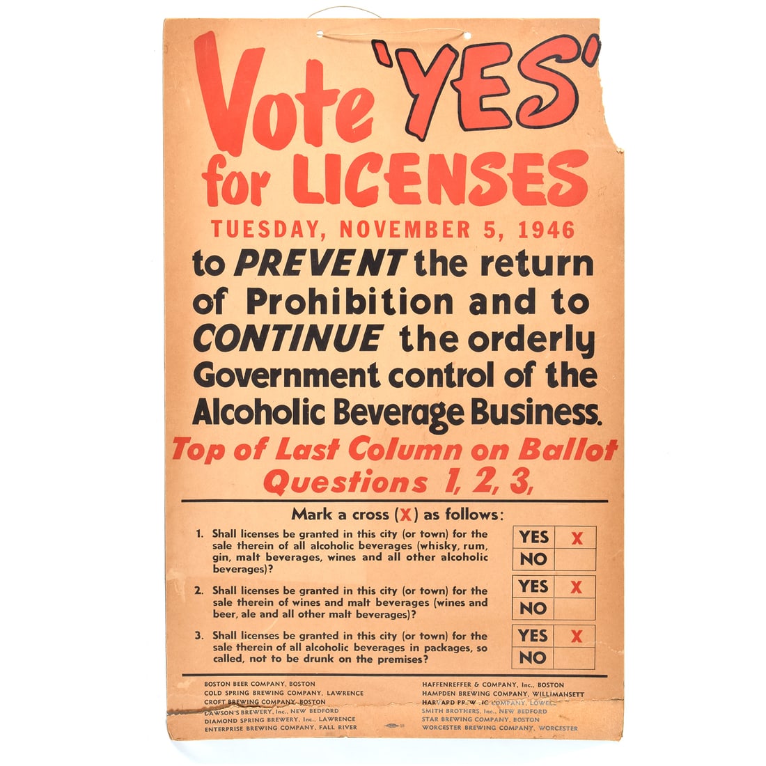 1946 "Vote YES for LICENSES" Poster - Prohibition Repeal MA Breweries (1 of 2)