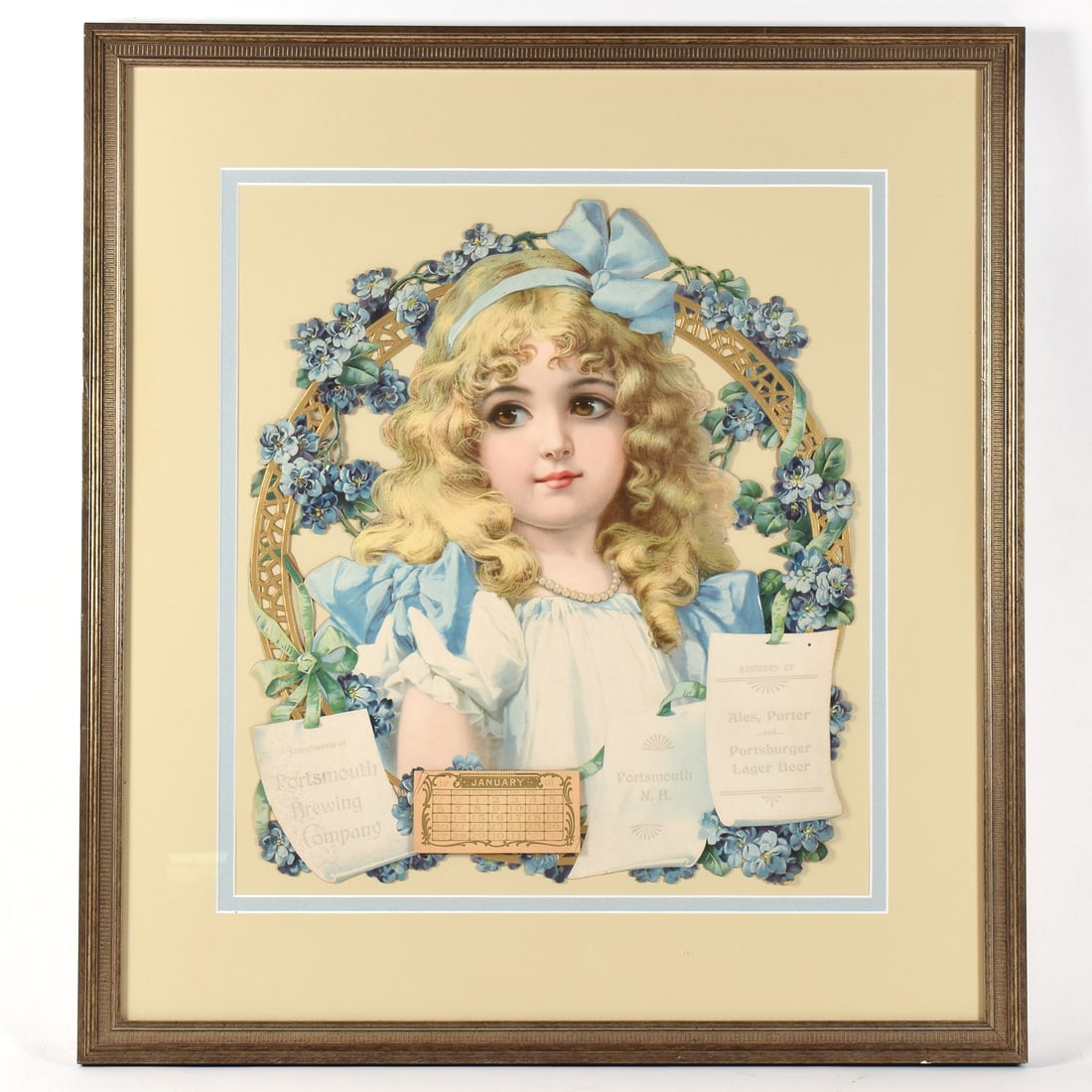 Portsmouth Brewing Pretty Girl Die Cut 1901 Chromolithograph RARE EXCEPTIONAL: This is THE ONLY example of this highly detailed intricate, colorful, large cardboard die cut sign we have seen. Complete original calendar pad is dated 1901. Features a pretty girl with long curly bl